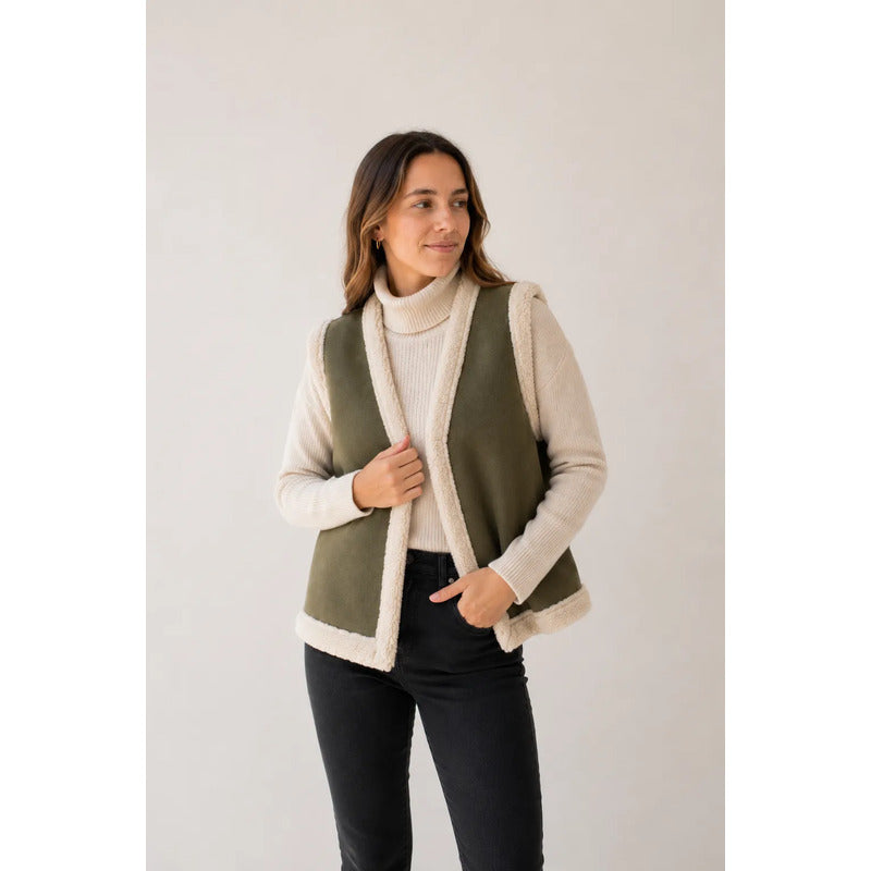 Chaleco De Dama Gamulán Forrado Con Corderito Verde Militar