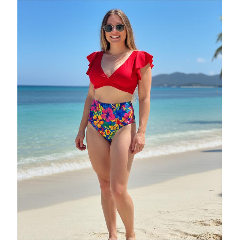 Bikini Tiro Alto Ani Rojo Flores Mujer - Uniteduy