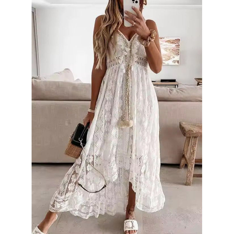 Vestido Verano Playa Falda Irregular Encaje Calado Uniteduy