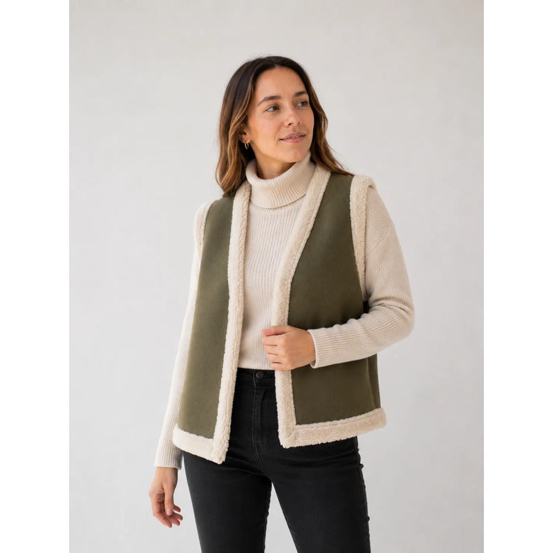 Chaleco De Dama Gamulán Forrado Con Corderito Verde Militar