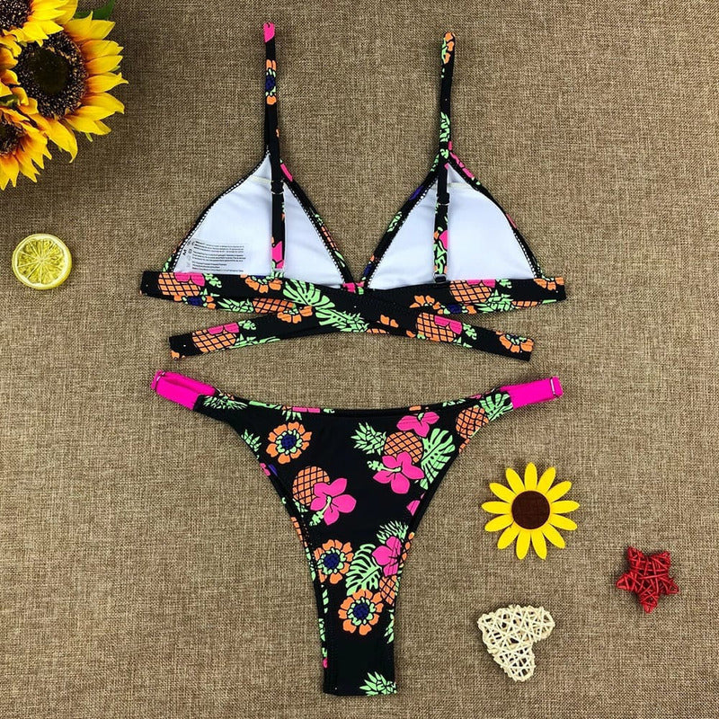 Bikini Regulable Con Estampa De Hibiscos Y Espalda Cruzada