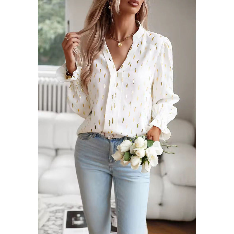 Camisa Blusa Manga Larga Cuello V Manga Volados Con Dorado