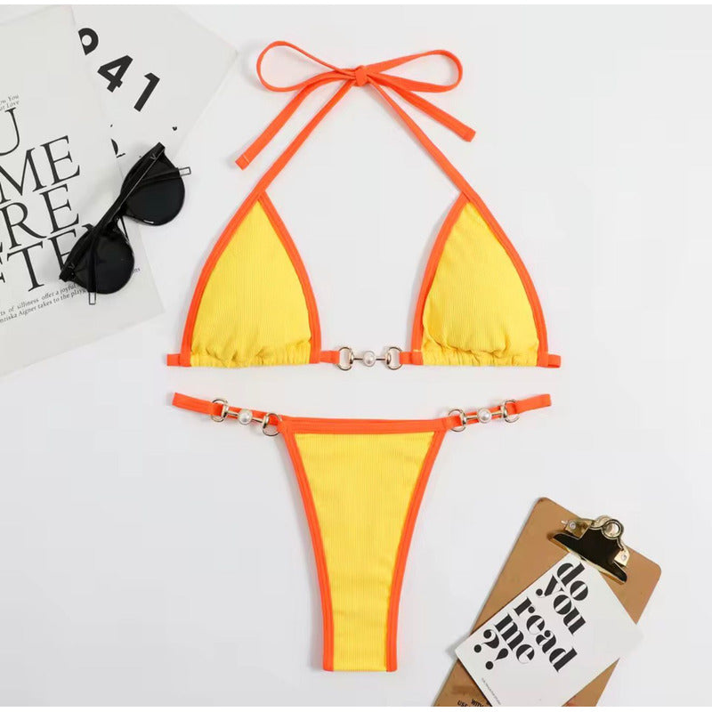 Bikini Triangulo Cadena Con Perla Colaless Varios Colores