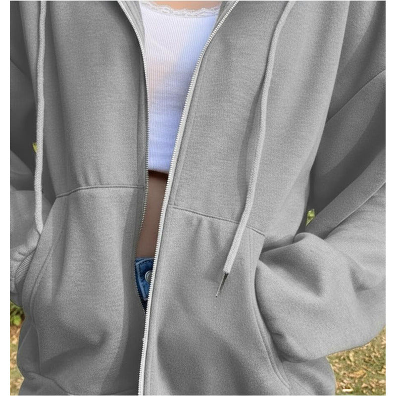 Campera Canguro Con Cierre Bolsillos Capucha Dama Lisa