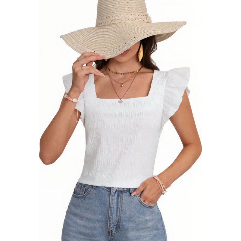 Blusa Remera Cuello Cuadrado Con Manga Corta Volado Uniteduy