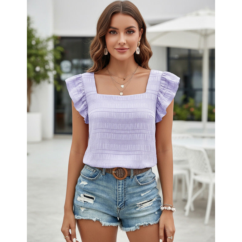 Blusa Remera Cuello Cuadrado Con Manga Corta Volado Uniteduy