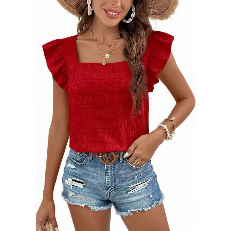 Blusa Remera Cuello Cuadrado Con Manga Corta Volado Uniteduy