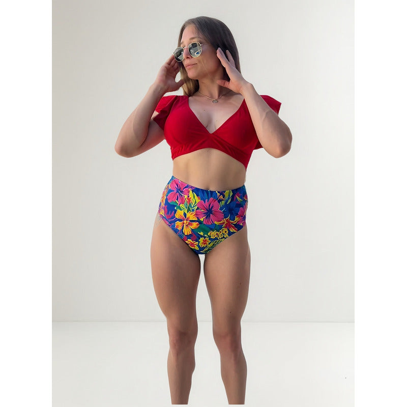Bikini Tiro Alto Ani Rojo Flores Mujer - Uniteduy