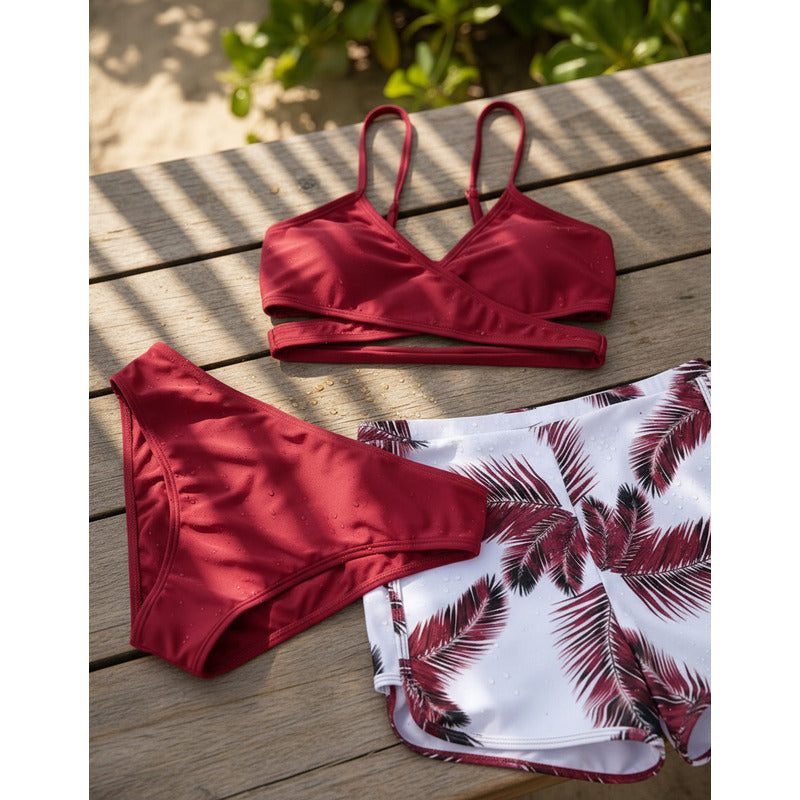 Bikini Tres Piezas Short Vedetina Soutien Cruzado  Uniteduy