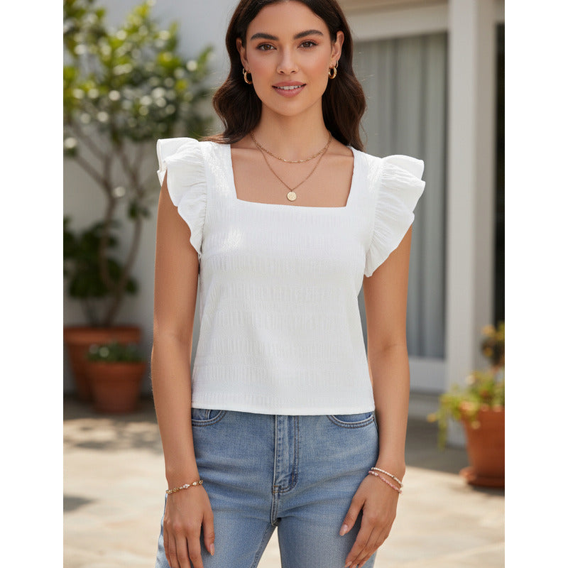Blusa Remera Cuello Cuadrado Con Manga Corta Volado Uniteduy
