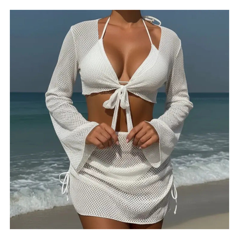 Bikini Tiras Malla 4 Piezas Pollera Top Triangulo  Uniteduy