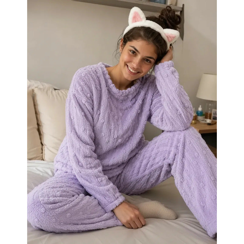 Pijama Peluche Invierno Dama Largo Texturado Con Puntos