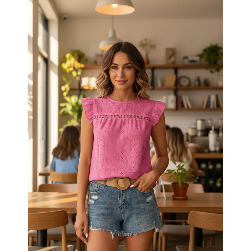 Blusa Remera Broderie Manga Corta Volados Varios Colores