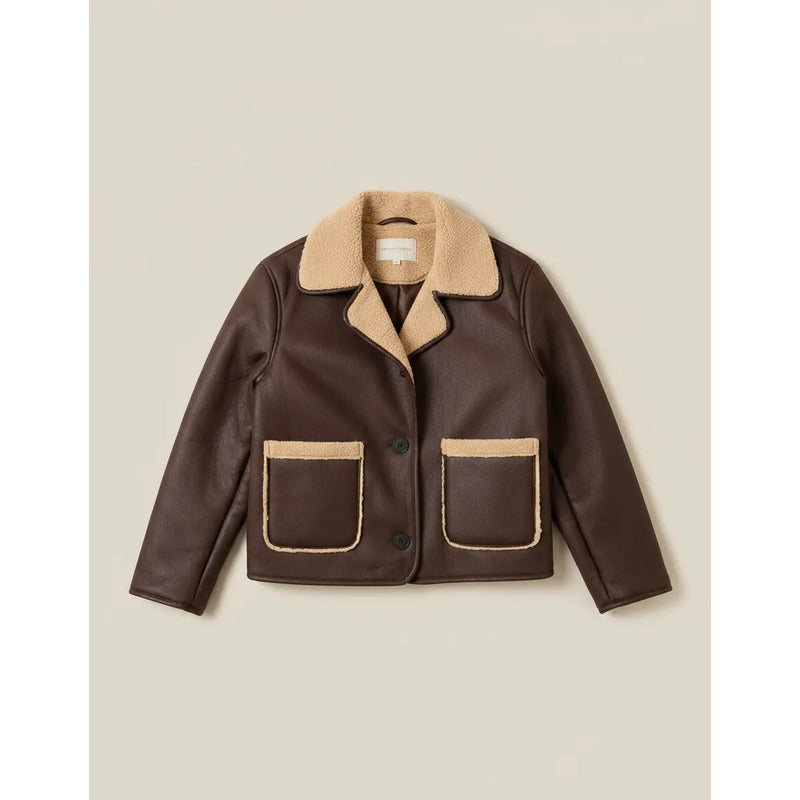 Campera Gamulán Corderito Cuello Solapa Marrón Para Mujer