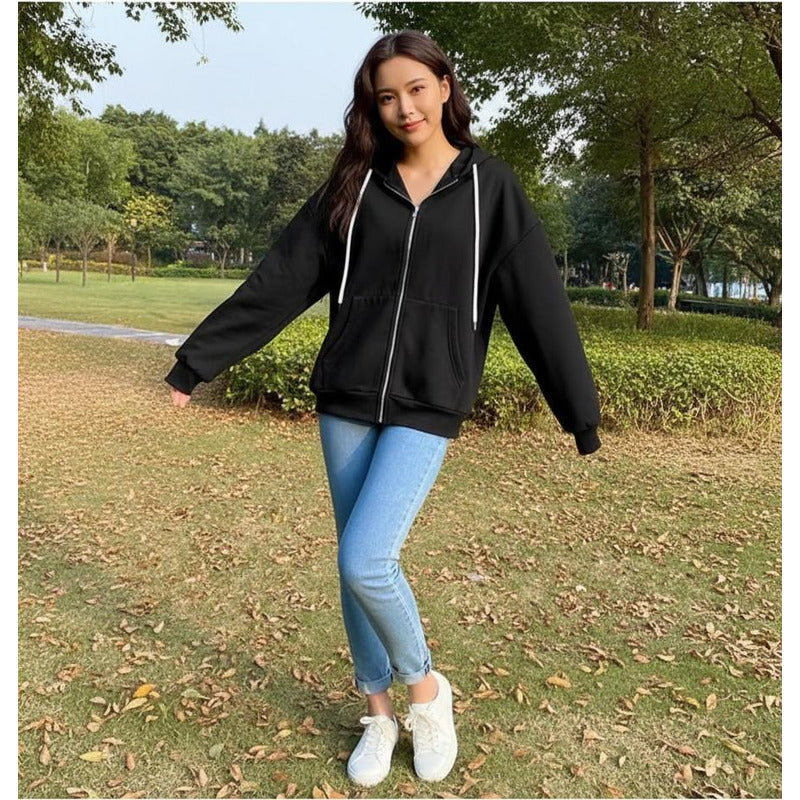 Campera Canguro Con Cierre Bolsillos Capucha Dama Lisa