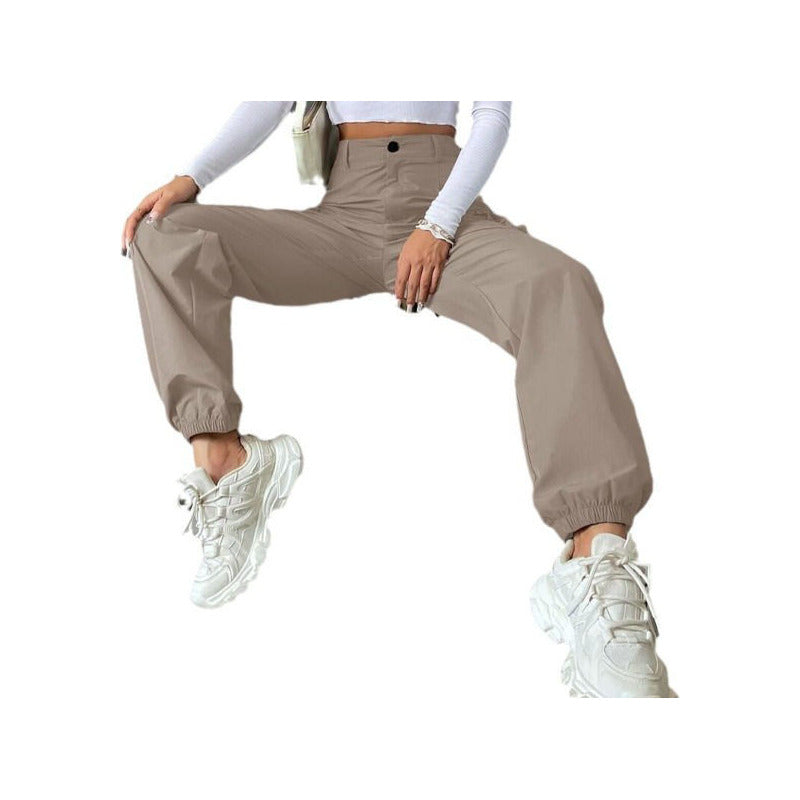 Pantalón Cargo Dama Con Bolsillos Y Puños Negro Y Beige