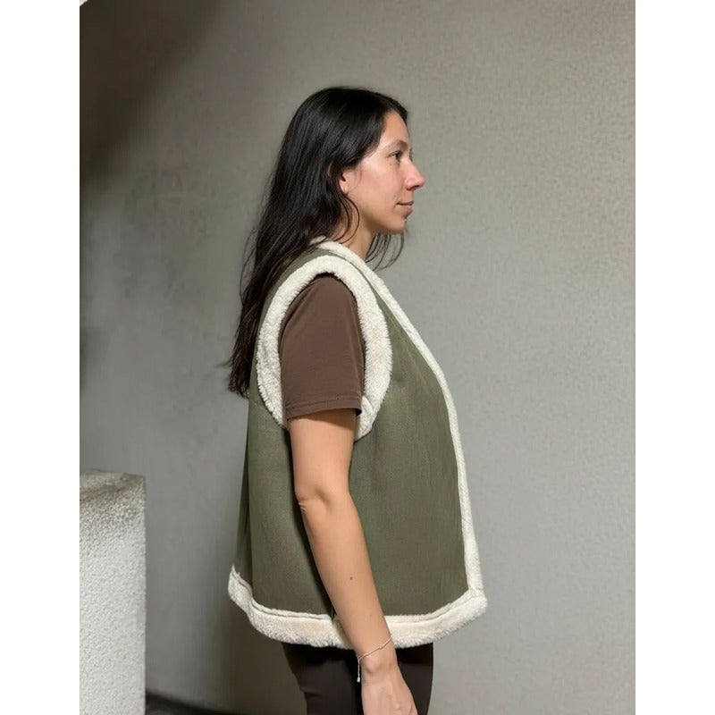 Chaleco De Dama Gamulán Forrado Con Corderito Verde Militar