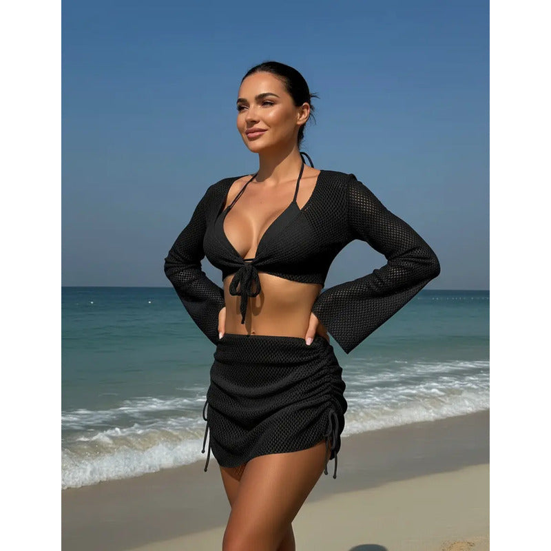 Bikini Tiras Malla 4 Piezas Pollera Top Triangulo  Uniteduy