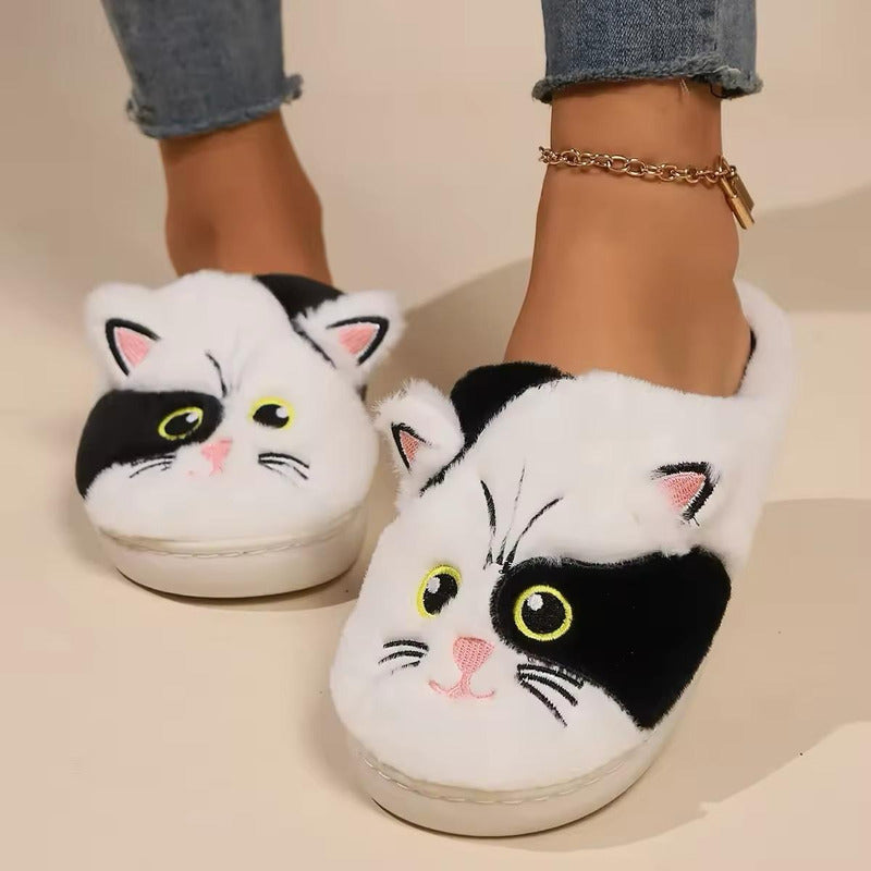 Pantufla Gato Sin Talón Peluda Negra Y Blanca Suela De Goma