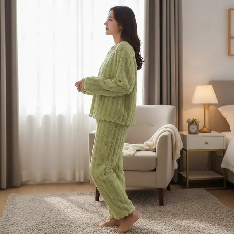 Pijama Peluche Invierno Dama Largo Texturado Con Puntos