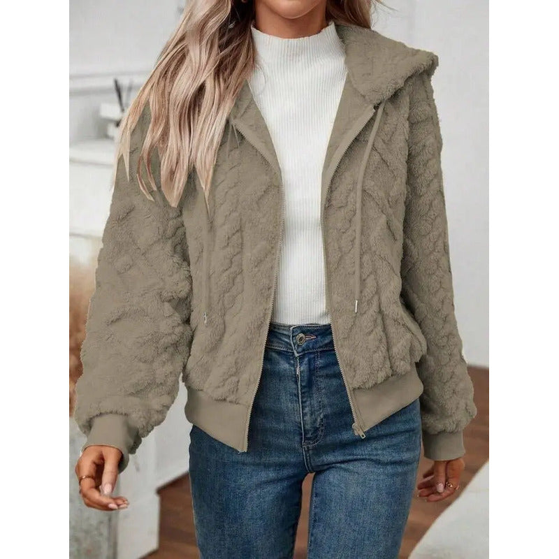 Campera Corta Trenzada Puños Capucha Polar Peluda Uniteduy