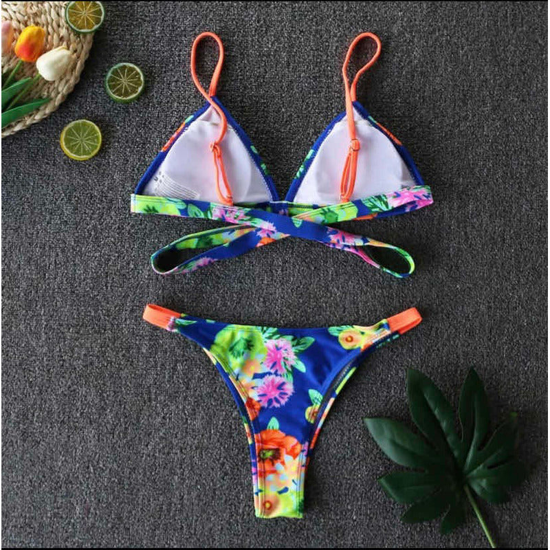 Bikini Azul Triangulo Espalda Cruzada Y Bikini Regulable