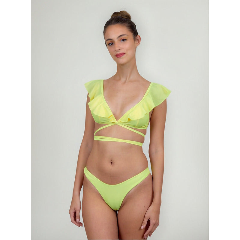 Bikini Cruzado Amarillo Cola Less Con Volados Uniteduy