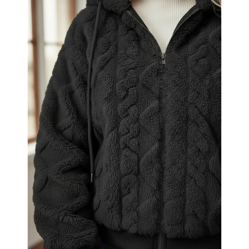 Campera Corta Trenzada Puños Capucha Polar Peluda Uniteduy