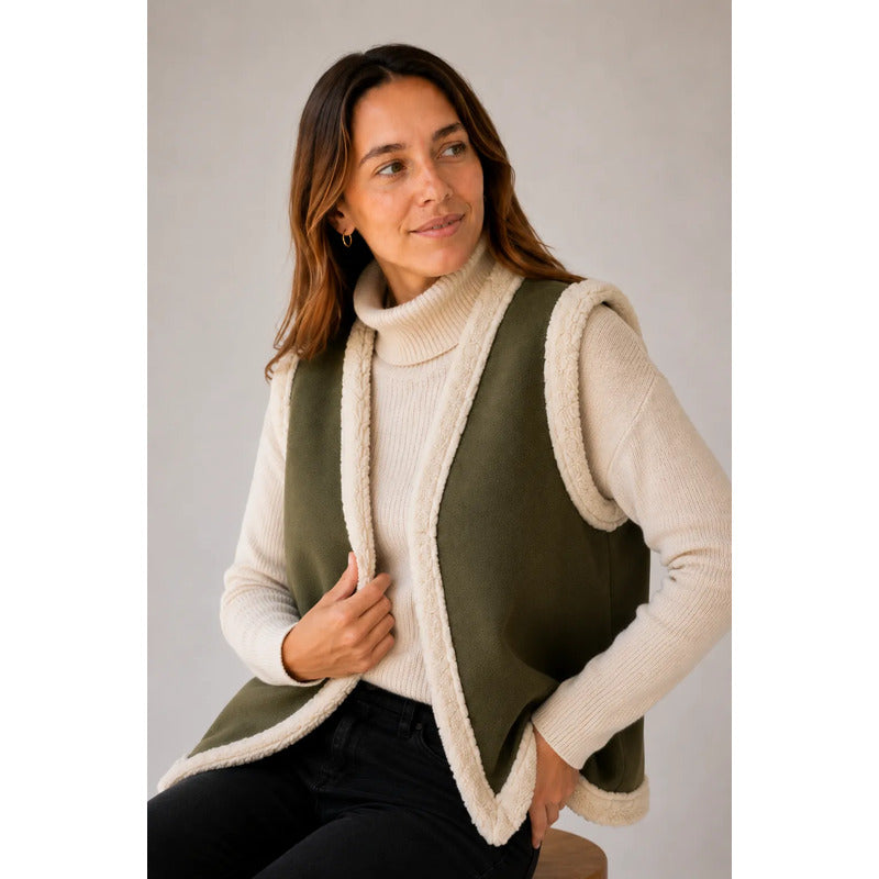 Chaleco De Dama Gamulán Forrado Con Corderito Verde Militar