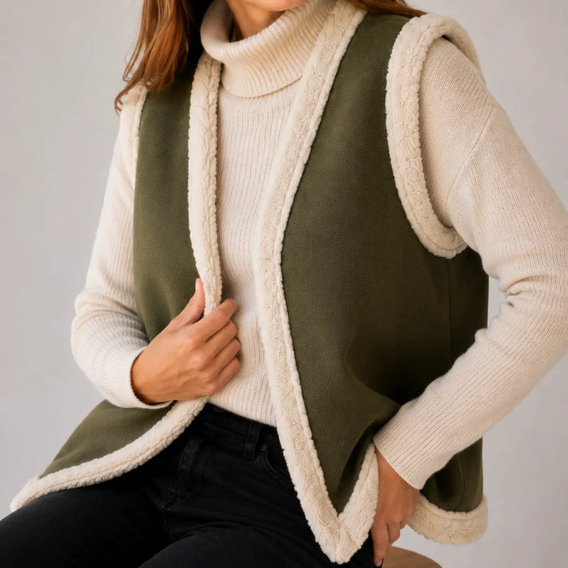 Chaleco De Dama Gamulán Forrado Con Corderito Verde Militar