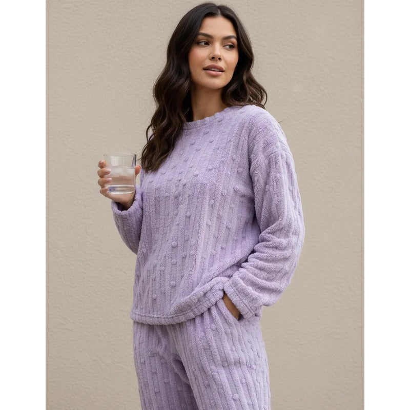 Pijama Peluche Invierno Dama Largo Texturado Con Puntos