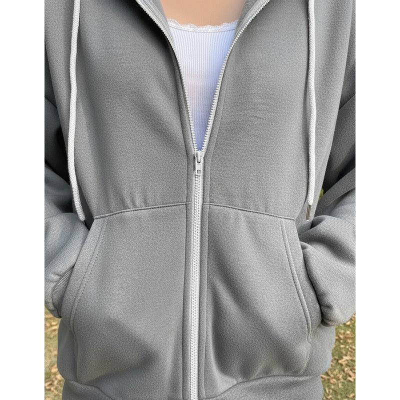 Campera Canguro Con Cierre Bolsillos Capucha Dama Lisa