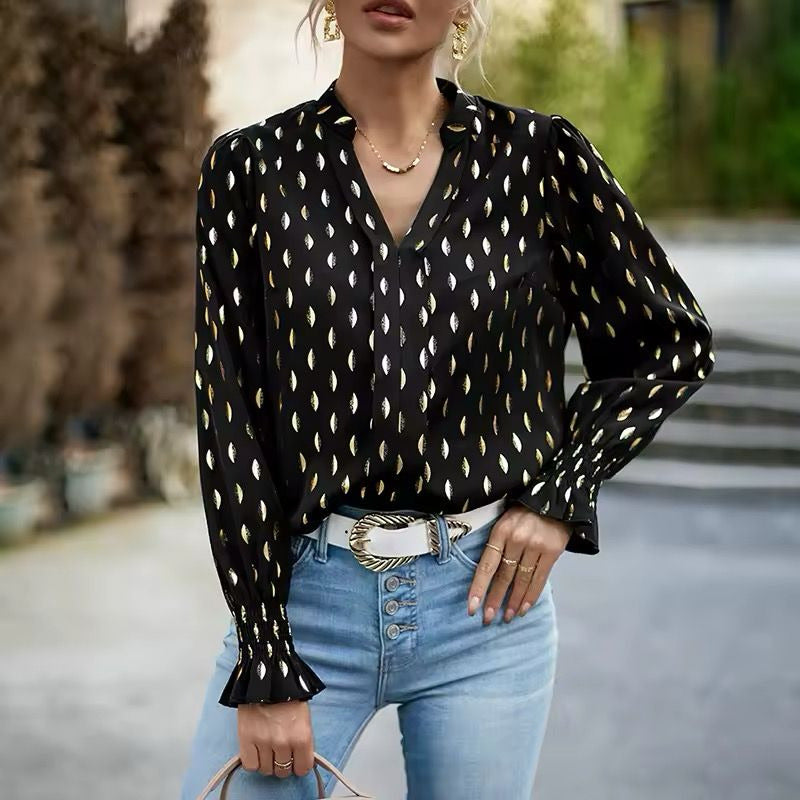 Camisa Blusa Manga Larga Cuello V Manga Volados Con Dorado
