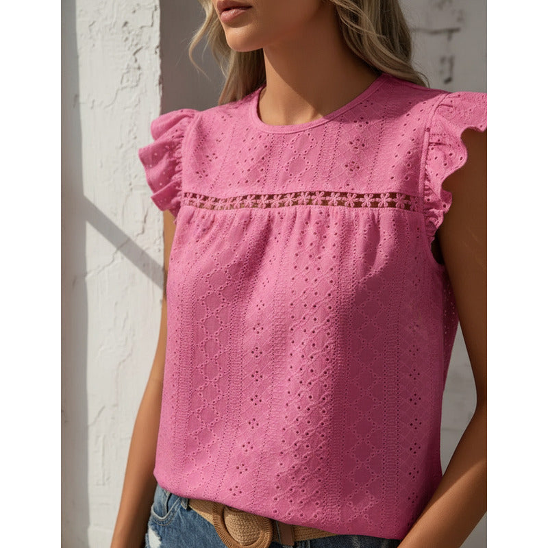 Blusa Remera Broderie Manga Corta Volados Varios Colores