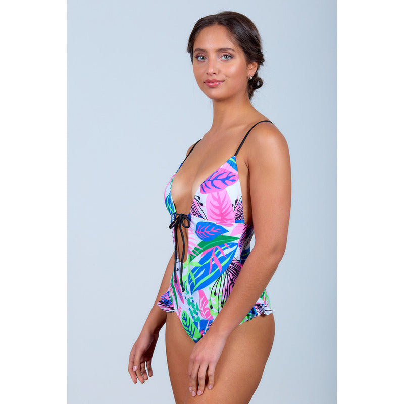Bikini Malla Enteriza Estampada Y Rosado Breteles Regulables