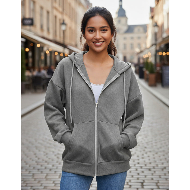 Campera Canguro Con Cierre Bolsillos Capucha Dama Lisa