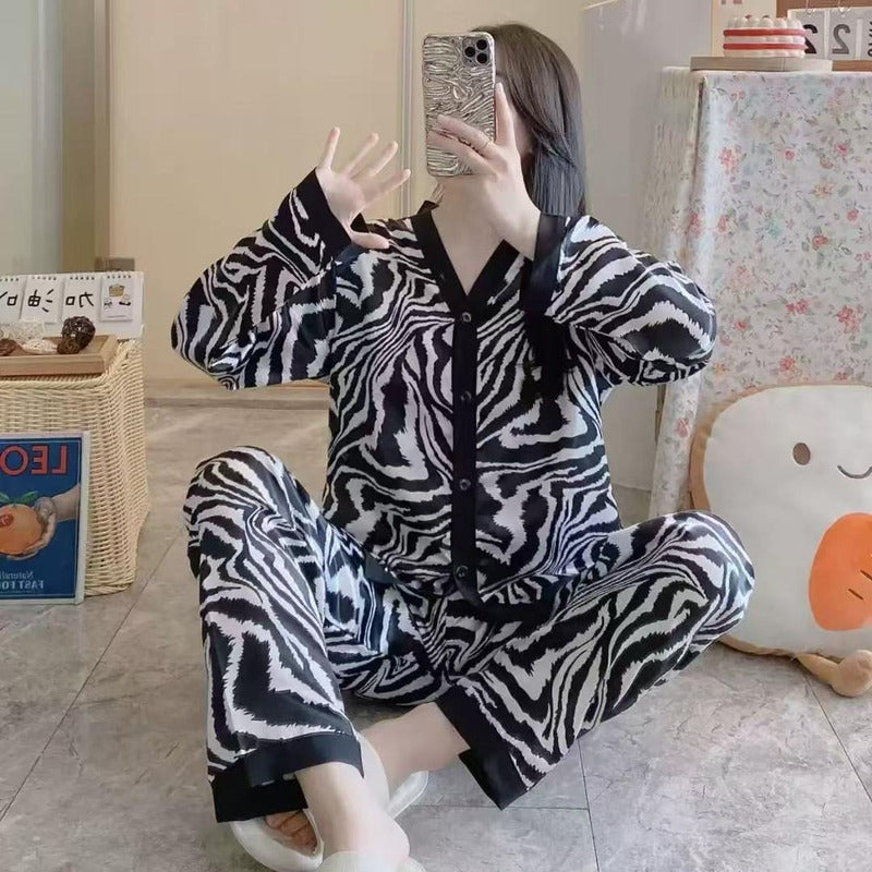 Pijama Seda Fria Saten Estampados Pantalon Y Camisa En V