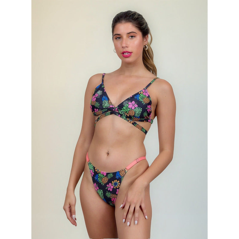 Bikini Regulable Con Estampa De Hibiscos Y Espalda Cruzada