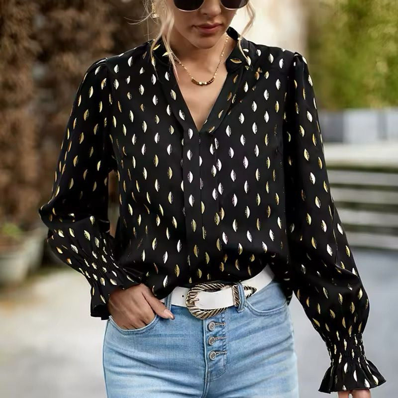 Camisa Blusa Manga Larga Cuello V Manga Volados Con Dorado