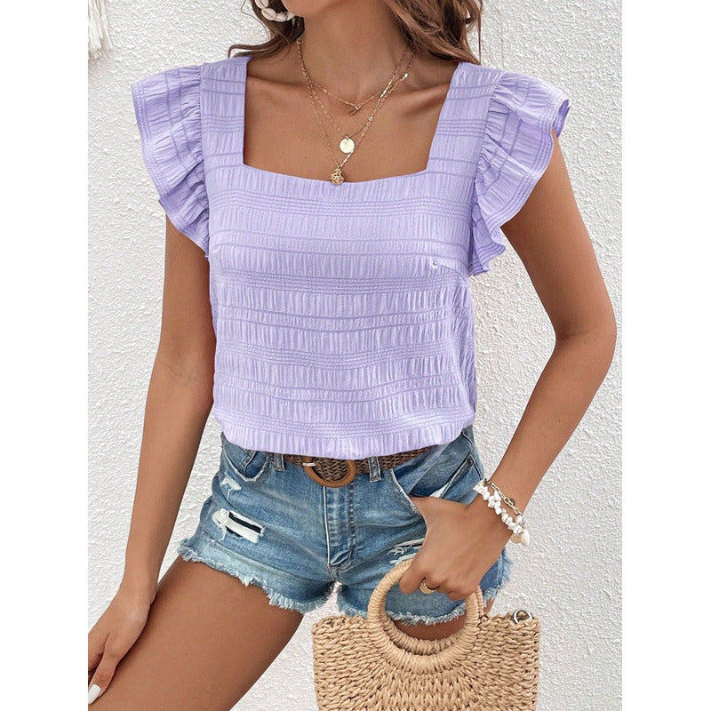 Blusa Remera Cuello Cuadrado Con Manga Corta Volado Uniteduy
