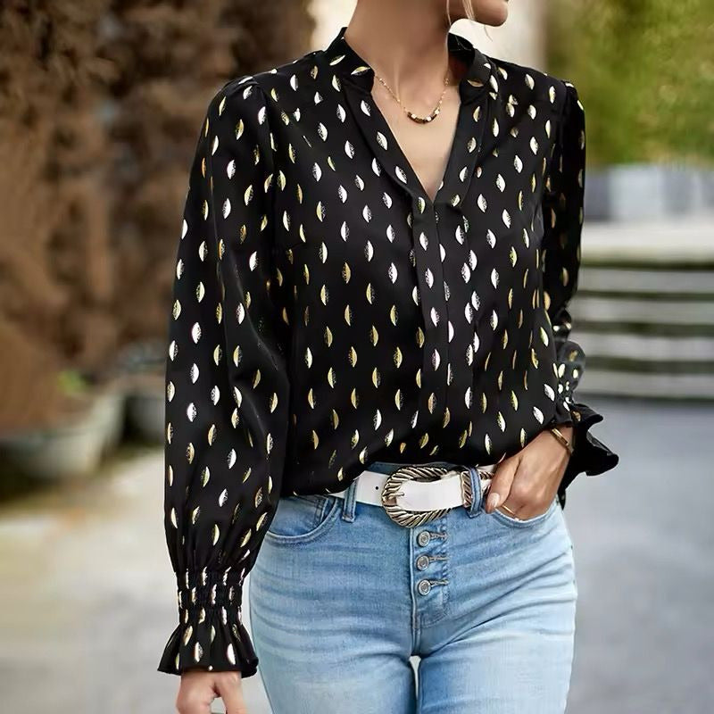Camisa Blusa Manga Larga Cuello V Manga Volados Con Dorado