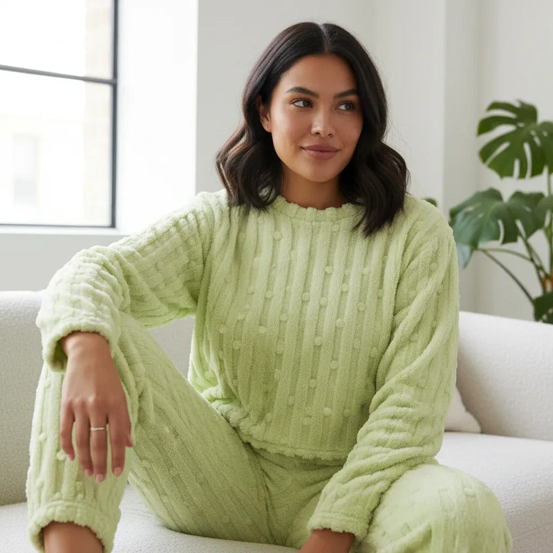 Pijama Peluche Invierno Dama Largo Texturado Con Puntos