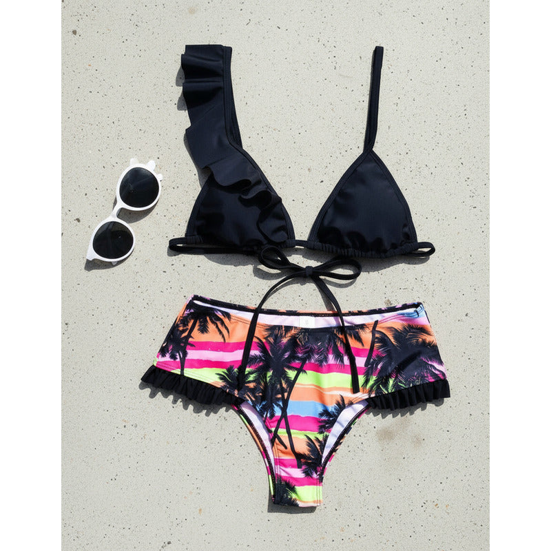 Bikini Estampado Palmeras Tiro Medio Con Volados Uniteduy