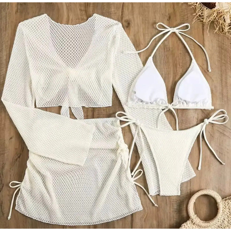 Bikini Tiras Malla 4 Piezas Pollera Top Triangulo  Uniteduy