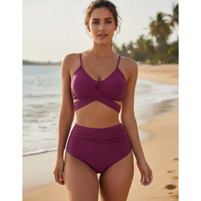 Bikini Tiro Alto Liso Push Up Cruzado Uniteduy