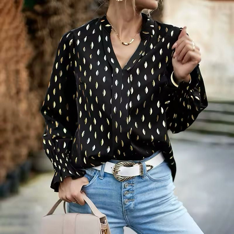 Camisa Blusa Manga Larga Cuello V Manga Volados Con Dorado