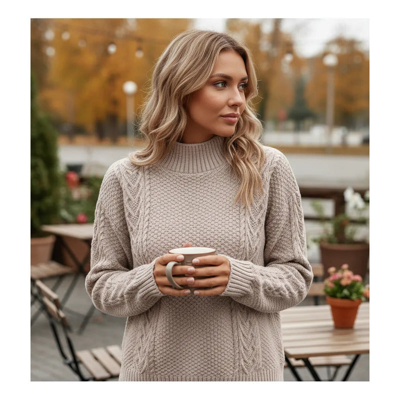Sweater Buzo De Dama Tejido Trenzado Con Cuello Alto Y Tajo