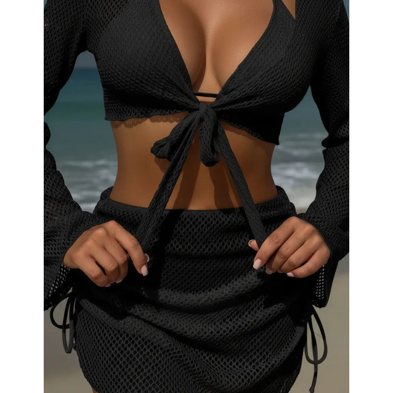 Bikini Tiras Malla 4 Piezas Pollera Top Triangulo  Uniteduy