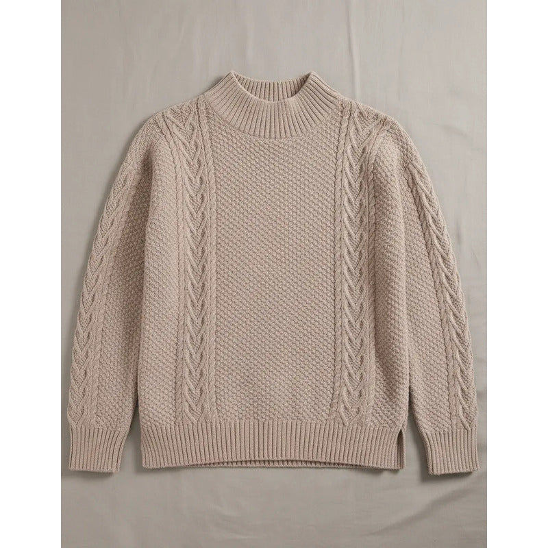 Sweater Buzo De Dama Tejido Trenzado Con Cuello Alto Y Tajo