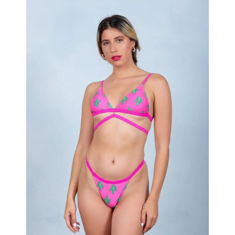 Bikini Fucsia Cactus! Con Espalda Cruzada